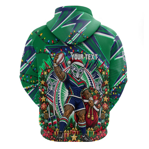 Personalized New Zealand Warriors Rugby Christmas Zip Hoodie Holiday Mascot Graphic Art Festive Lights Bow