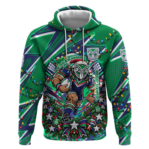 Personalized New Zealand Warriors Rugby Christmas Zip Hoodie Holiday Mascot Graphic Art Festive Lights Bow