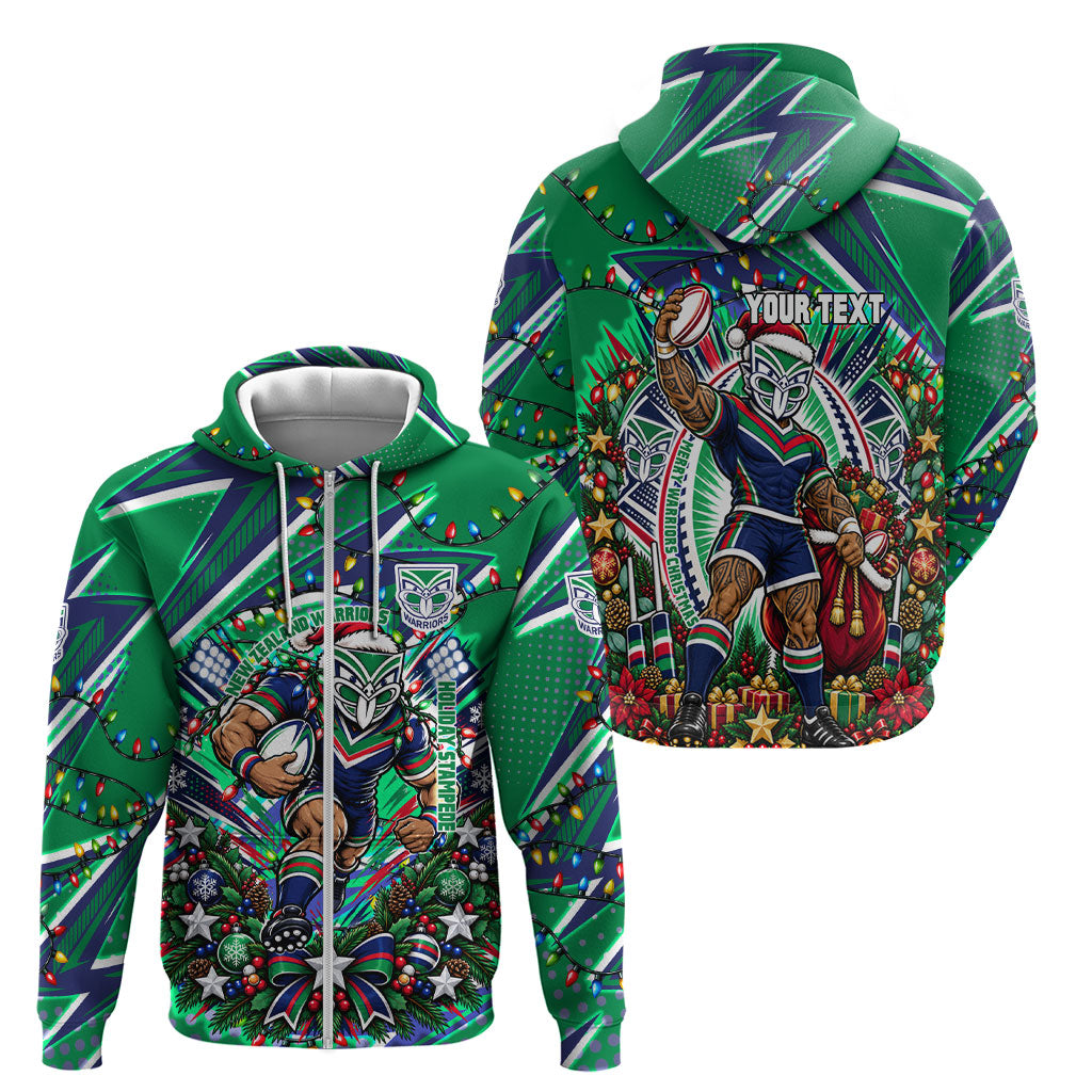 Personalized New Zealand Warriors Rugby Christmas Zip Hoodie Holiday Mascot Graphic Art Festive Lights Bow