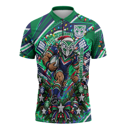 Personalized New Zealand Warriors Rugby Christmas Zipper Polo Shirt Holiday Mascot Graphic Art Festive Lights Bow