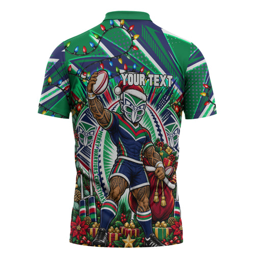 Personalized New Zealand Warriors Rugby Christmas Zipper Polo Shirt Holiday Mascot Graphic Art Festive Lights Bow