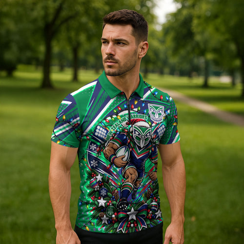 Personalized New Zealand Warriors Rugby Christmas Zipper Polo Shirt Holiday Mascot Graphic Art Festive Lights Bow