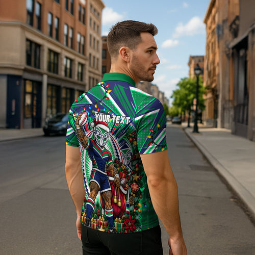 Personalized New Zealand Warriors Rugby Christmas Zipper Polo Shirt Holiday Mascot Graphic Art Festive Lights Bow