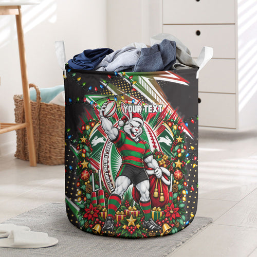 Personalized South Sydney Rabbitohs Rugby Christmas Laundry Basket Holiday Mascot Graphic Art Festive Lights Bow