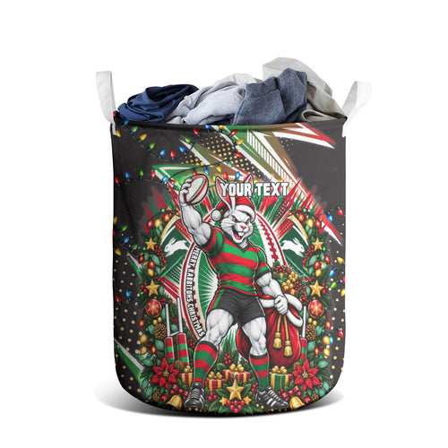 Personalized South Sydney Rabbitohs Rugby Christmas Laundry Basket Holiday Mascot Graphic Art Festive Lights Bow