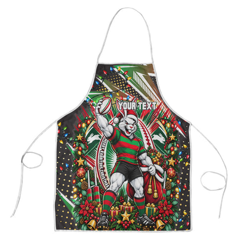 Personalized South Sydney Rabbitohs Rugby Christmas Apron Holiday Mascot Graphic Art Festive Lights Bow