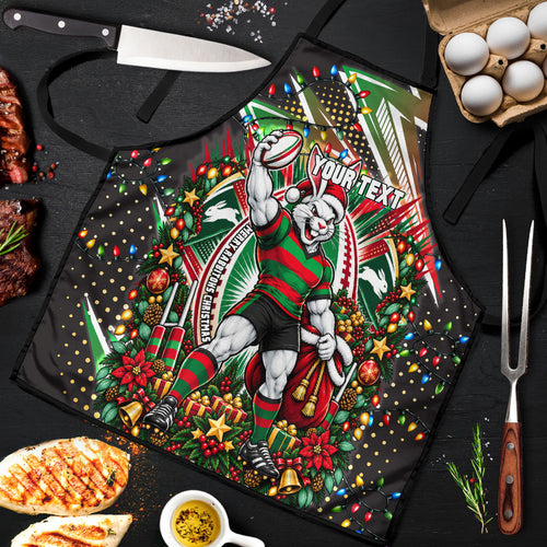 Personalized South Sydney Rabbitohs Rugby Christmas Apron Holiday Mascot Graphic Art Festive Lights Bow