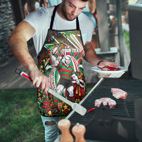 Personalized South Sydney Rabbitohs Rugby Christmas Apron Holiday Mascot Graphic Art Festive Lights Bow