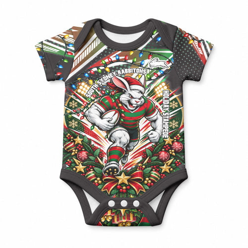 Personalized South Sydney Rabbitohs Rugby Christmas Baby Onesie Holiday Mascot Graphic Art Festive Lights Bow