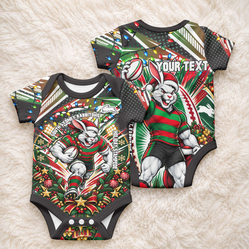 Personalized South Sydney Rabbitohs Rugby Christmas Baby Onesie Holiday Mascot Graphic Art Festive Lights Bow