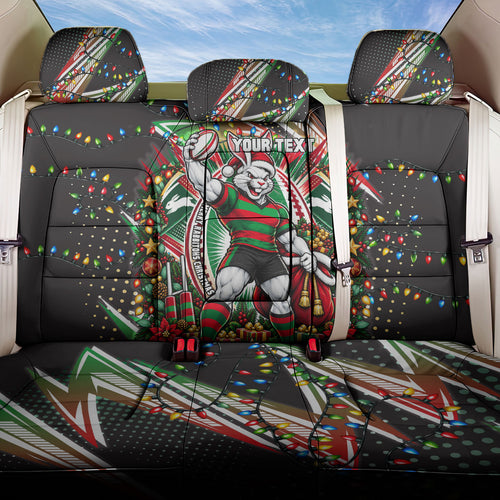 Personalized South Sydney Rabbitohs Rugby Christmas Back Car Seat Cover Holiday Mascot Graphic Art Festive Lights Bow