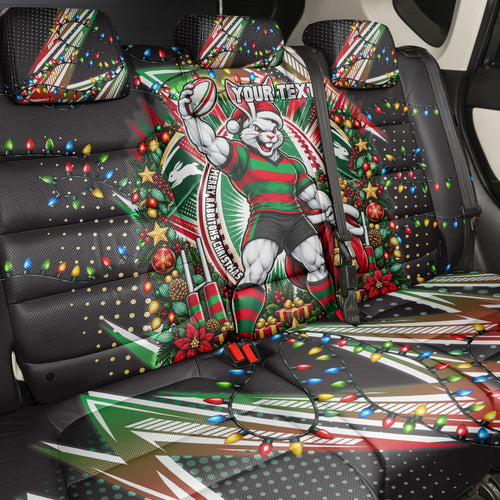 Personalized South Sydney Rabbitohs Rugby Christmas Back Car Seat Cover Holiday Mascot Graphic Art Festive Lights Bow