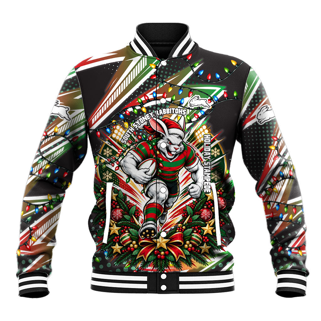 Personalized South Sydney Rabbitohs Rugby Christmas Baseball Jacket Holiday Mascot Graphic Art Festive Lights Bow