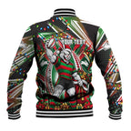 Personalized South Sydney Rabbitohs Rugby Christmas Baseball Jacket Holiday Mascot Graphic Art Festive Lights Bow