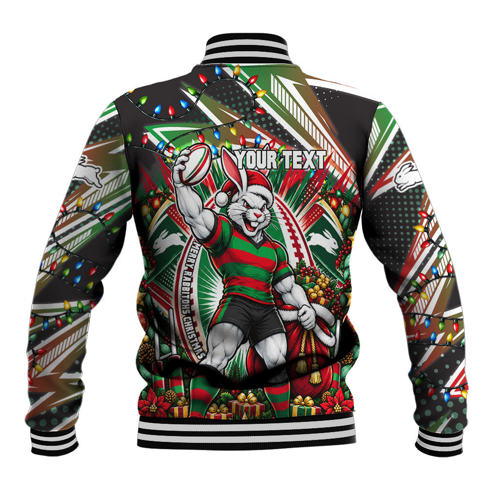 Personalized South Sydney Rabbitohs Rugby Christmas Baseball Jacket Holiday Mascot Graphic Art Festive Lights Bow