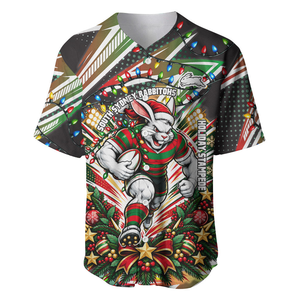 Personalized South Sydney Rabbitohs Rugby Christmas Baseball Jersey Holiday Mascot Graphic Art Festive Lights Bow