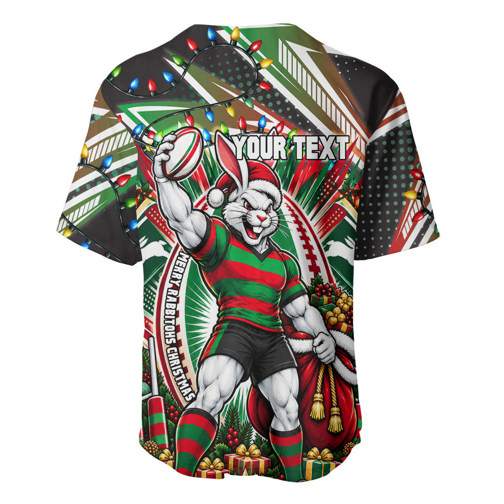 Personalized South Sydney Rabbitohs Rugby Christmas Baseball Jersey Holiday Mascot Graphic Art Festive Lights Bow