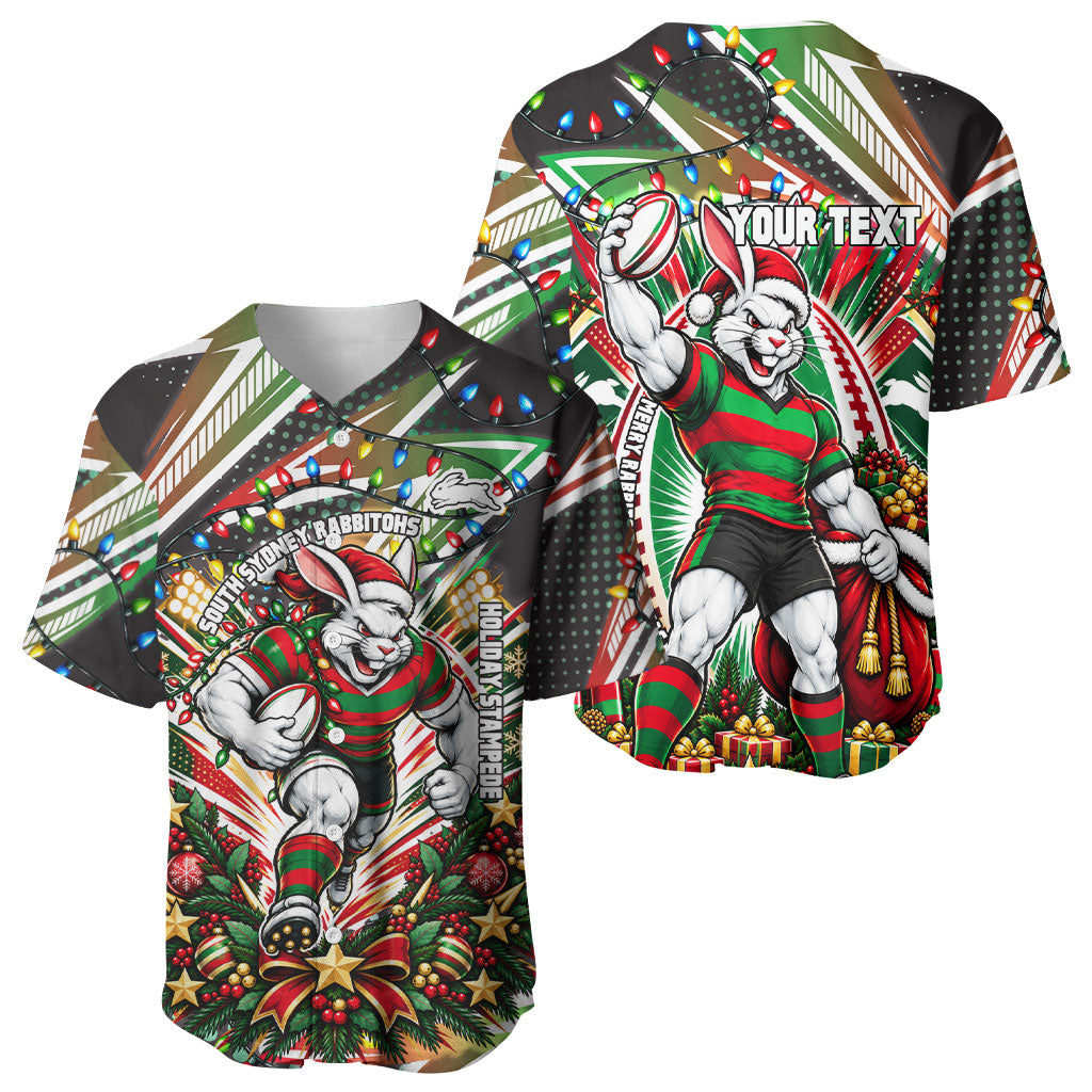 Personalized South Sydney Rabbitohs Rugby Christmas Baseball Jersey Holiday Mascot Graphic Art Festive Lights Bow