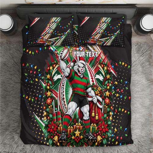 Personalized South Sydney Rabbitohs Rugby Christmas Bedding Set Holiday Mascot Graphic Art Festive Lights Bow