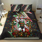 Personalized South Sydney Rabbitohs Rugby Christmas Bedding Set Holiday Mascot Graphic Art Festive Lights Bow