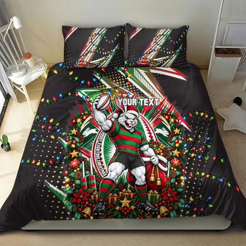Personalized South Sydney Rabbitohs Rugby Christmas Bedding Set Holiday Mascot Graphic Art Festive Lights Bow