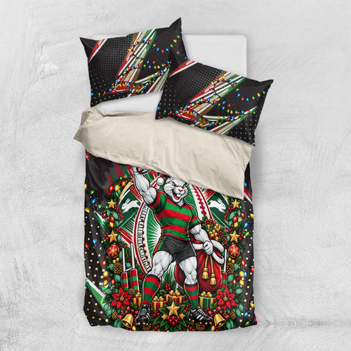 Personalized South Sydney Rabbitohs Rugby Christmas Bedding Set Holiday Mascot Graphic Art Festive Lights Bow