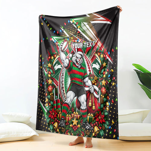 Personalized South Sydney Rabbitohs Rugby Christmas Blanket Holiday Mascot Graphic Art Festive Lights Bow