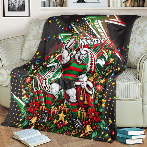 Personalized South Sydney Rabbitohs Rugby Christmas Blanket Holiday Mascot Graphic Art Festive Lights Bow