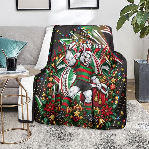 Personalized South Sydney Rabbitohs Rugby Christmas Blanket Holiday Mascot Graphic Art Festive Lights Bow