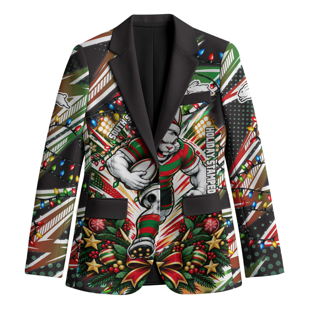 Personalized South Sydney Rabbitohs Rugby Christmas Blazer Holiday Mascot Graphic Art Festive Lights Bow