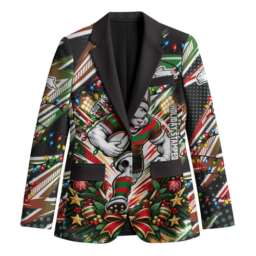 Personalized South Sydney Rabbitohs Rugby Christmas Blazer Holiday Mascot Graphic Art Festive Lights Bow