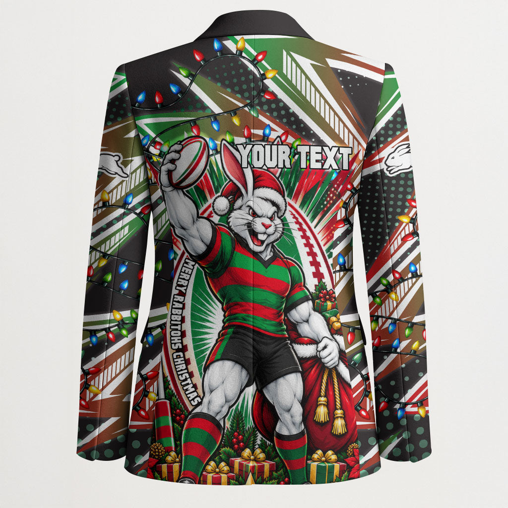 Personalized South Sydney Rabbitohs Rugby Christmas Blazer Holiday Mascot Graphic Art Festive Lights Bow