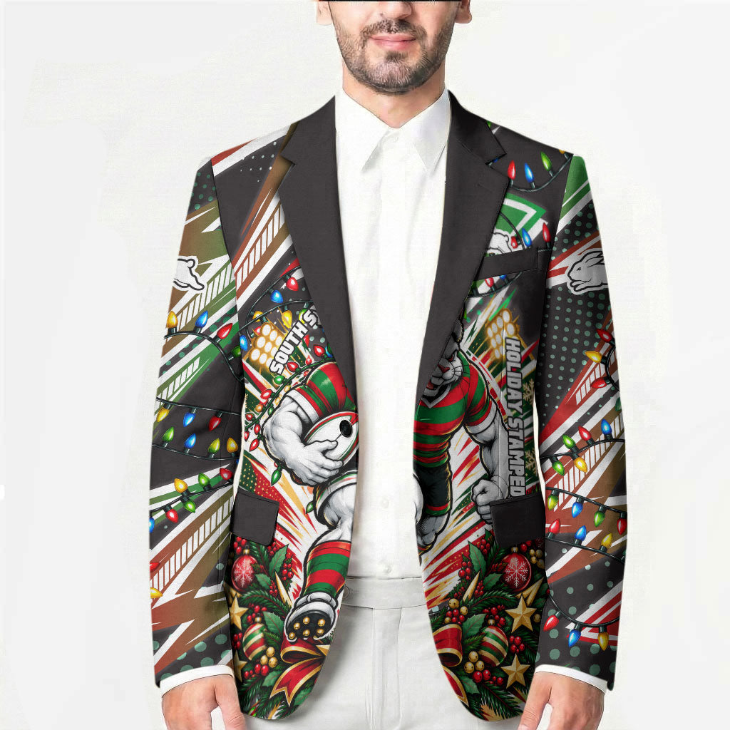 Personalized South Sydney Rabbitohs Rugby Christmas Blazer Holiday Mascot Graphic Art Festive Lights Bow