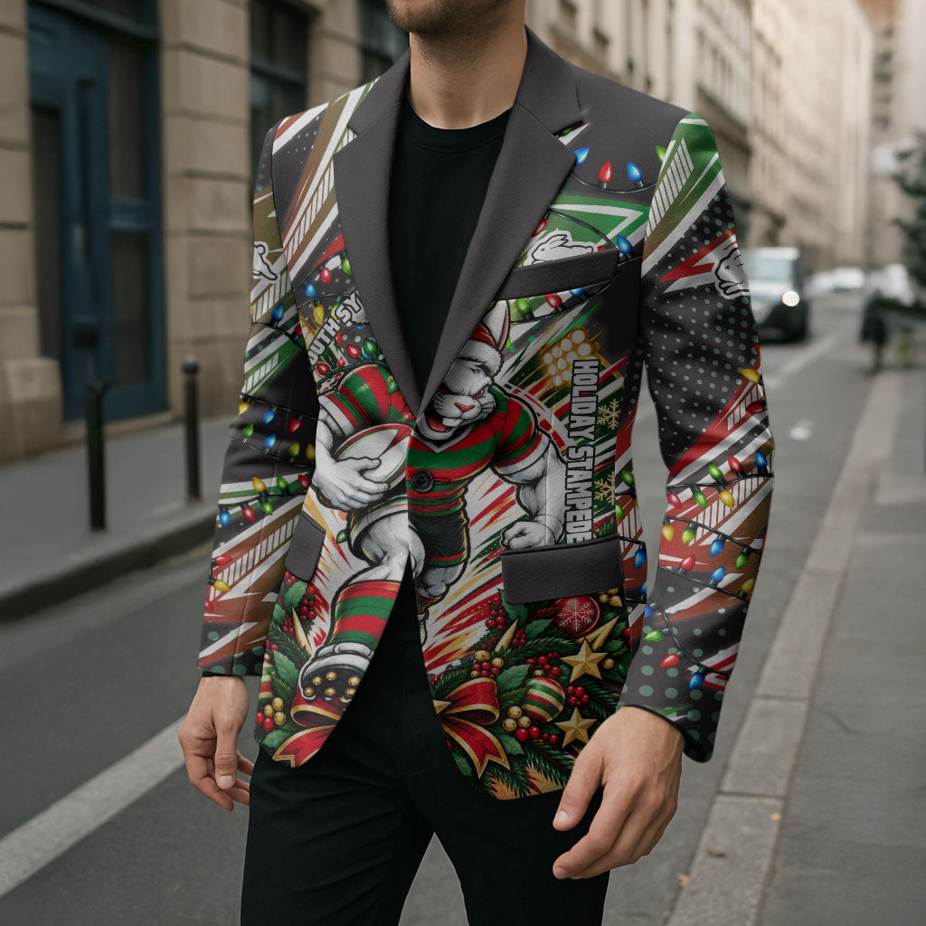 Personalized South Sydney Rabbitohs Rugby Christmas Blazer Holiday Mascot Graphic Art Festive Lights Bow