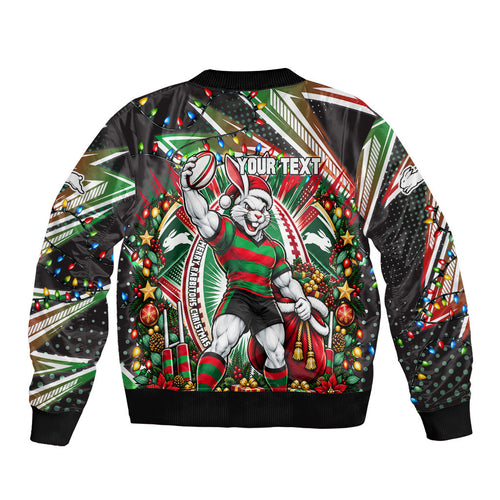 Personalized South Sydney Rabbitohs Rugby Christmas Bomber Jacket Holiday Mascot Graphic Art Festive Lights Bow