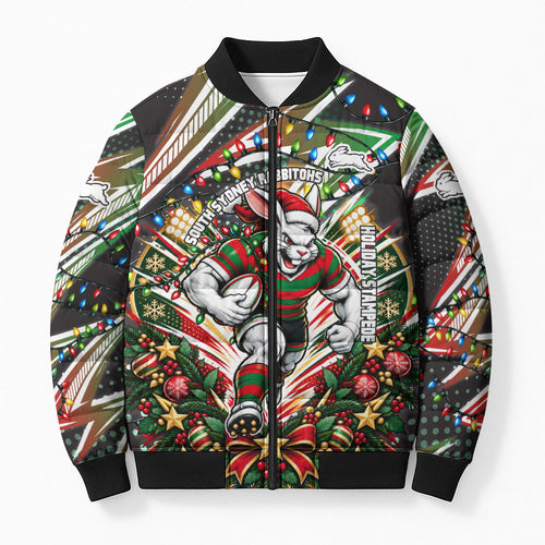 Personalized South Sydney Rabbitohs Rugby Christmas Bomber Puffer Jacket Holiday Mascot Graphic Art Festive Lights Bow