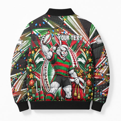 Personalized South Sydney Rabbitohs Rugby Christmas Bomber Puffer Jacket Holiday Mascot Graphic Art Festive Lights Bow