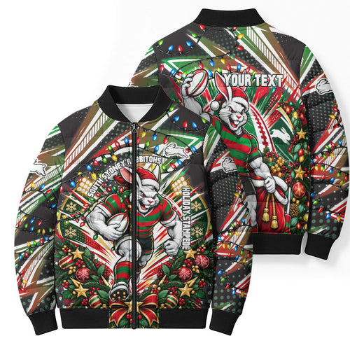 Personalized South Sydney Rabbitohs Rugby Christmas Bomber Puffer Jacket Holiday Mascot Graphic Art Festive Lights Bow