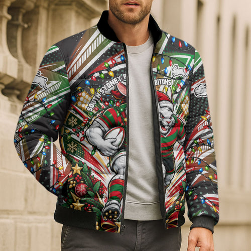 Personalized South Sydney Rabbitohs Rugby Christmas Bomber Puffer Jacket Holiday Mascot Graphic Art Festive Lights Bow