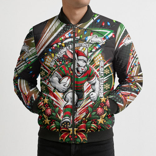 Personalized South Sydney Rabbitohs Rugby Christmas Bomber Puffer Jacket Holiday Mascot Graphic Art Festive Lights Bow