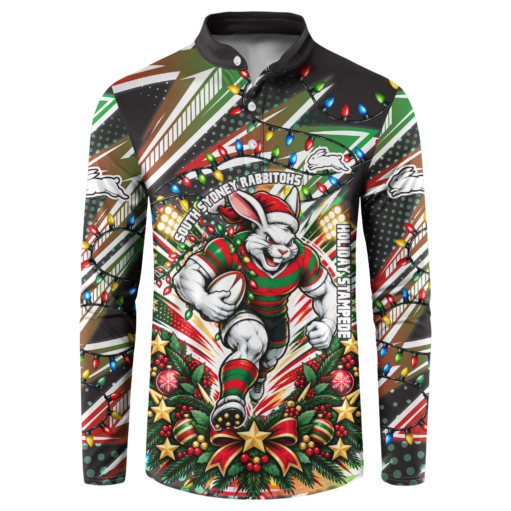 Personalized South Sydney Rabbitohs Rugby Christmas Button Sweatshirt Holiday Mascot Graphic Art Festive Lights Bow