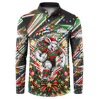 Personalized South Sydney Rabbitohs Rugby Christmas Button Sweatshirt Holiday Mascot Graphic Art Festive Lights Bow