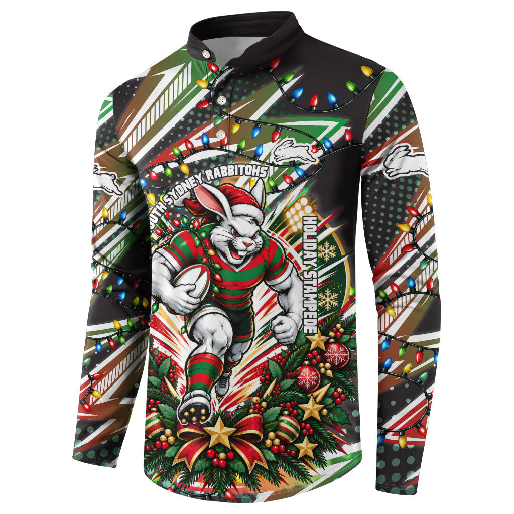 Personalized South Sydney Rabbitohs Rugby Christmas Button Sweatshirt Holiday Mascot Graphic Art Festive Lights Bow