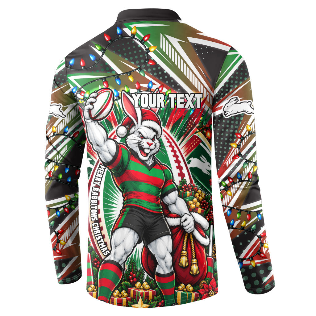 Personalized South Sydney Rabbitohs Rugby Christmas Button Sweatshirt Holiday Mascot Graphic Art Festive Lights Bow
