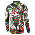 Personalized South Sydney Rabbitohs Rugby Christmas Button Sweatshirt Holiday Mascot Graphic Art Festive Lights Bow