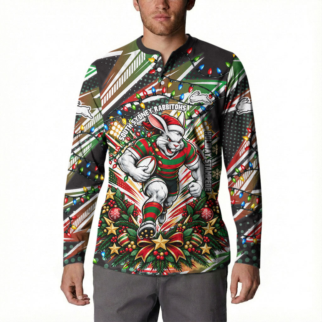 Personalized South Sydney Rabbitohs Rugby Christmas Button Sweatshirt Holiday Mascot Graphic Art Festive Lights Bow
