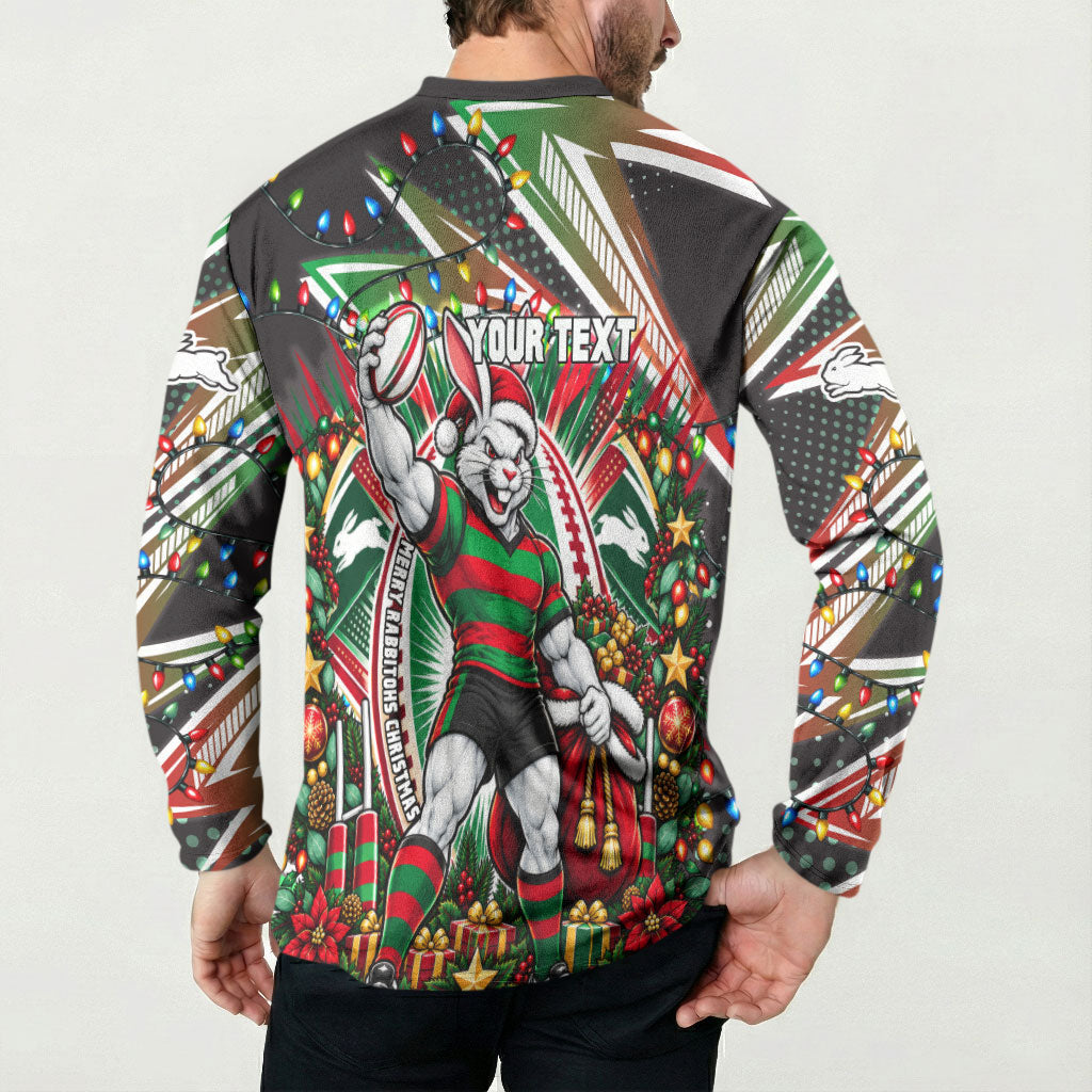 Personalized South Sydney Rabbitohs Rugby Christmas Button Sweatshirt Holiday Mascot Graphic Art Festive Lights Bow