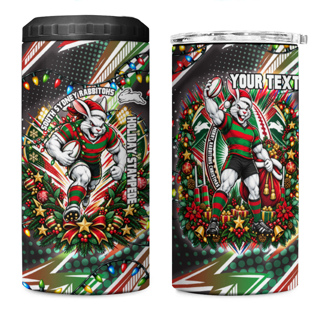Personalized South Sydney Rabbitohs Rugby Christmas 4 in 1 Can Cooler Tumbler Holiday Mascot Graphic Art Festive Lights Bow