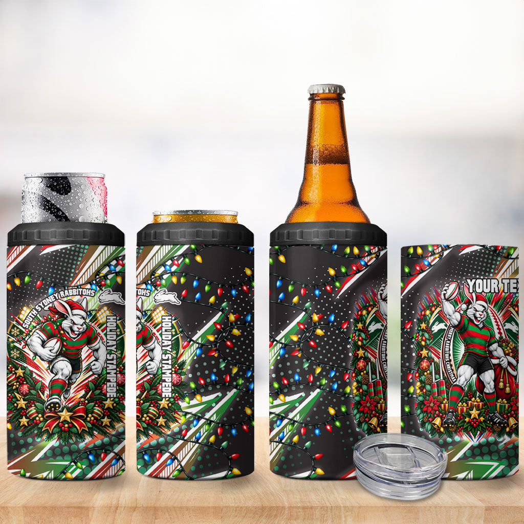 Personalized South Sydney Rabbitohs Rugby Christmas 4 in 1 Can Cooler Tumbler Holiday Mascot Graphic Art Festive Lights Bow