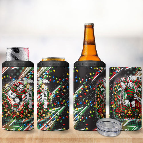 Personalized South Sydney Rabbitohs Rugby Christmas 4 in 1 Can Cooler Tumbler Holiday Mascot Graphic Art Festive Lights Bow